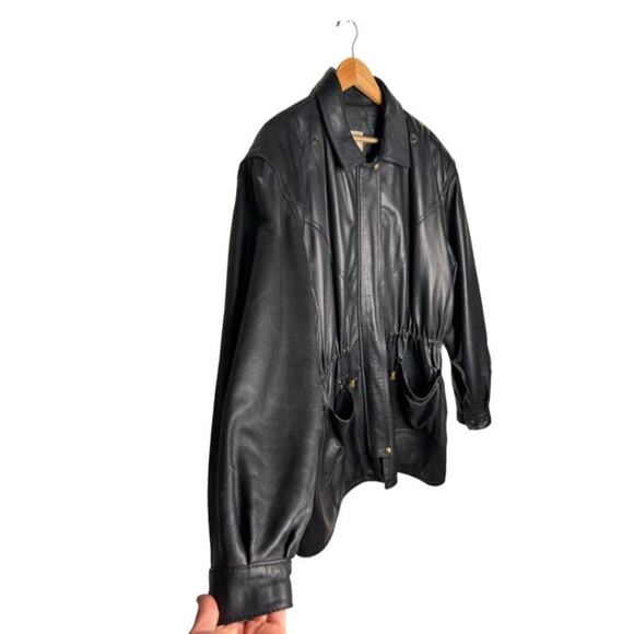 Vintage Echtes Leder Leather Jacket Black Knee Length Cinched Waist Size XL - Picture 3 of 13